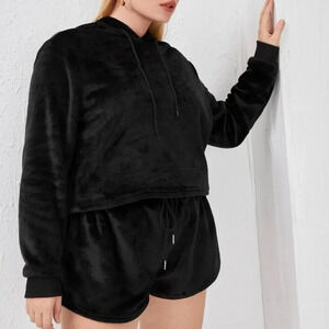 Plus Solid Drawstring Teddy Hoodie & Shorts Set size 0XL